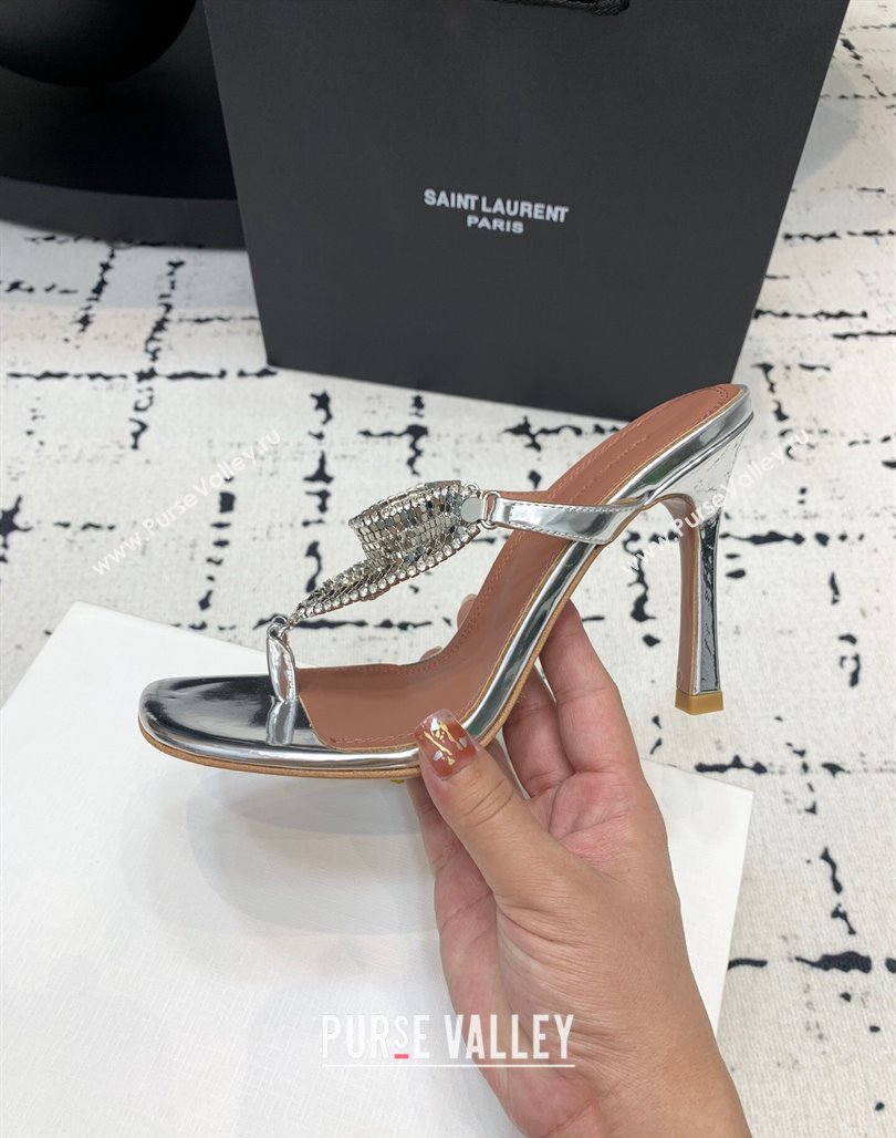 Amina Muaddi High Heel Thong Slide Sandals 9.5cm in Strass and Calfskin Silver 2024 (KER-240719114)