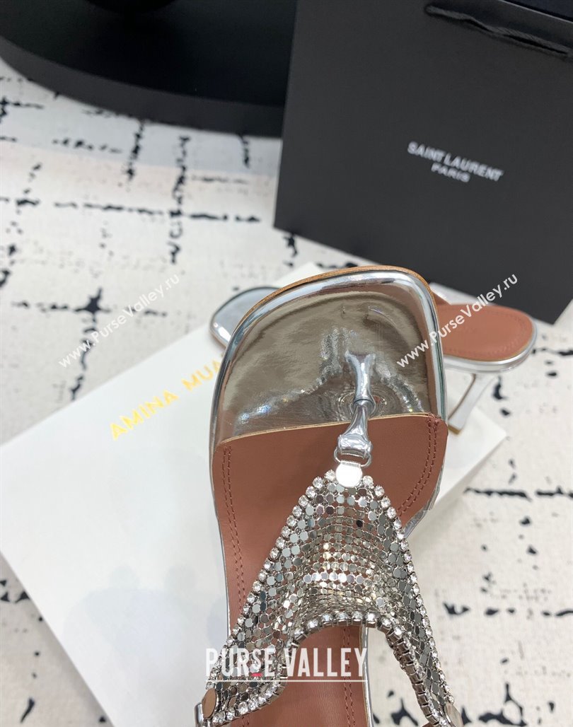 Amina Muaddi High Heel Thong Slide Sandals 9.5cm in Strass and Calfskin Silver 2024 (KER-240719114)