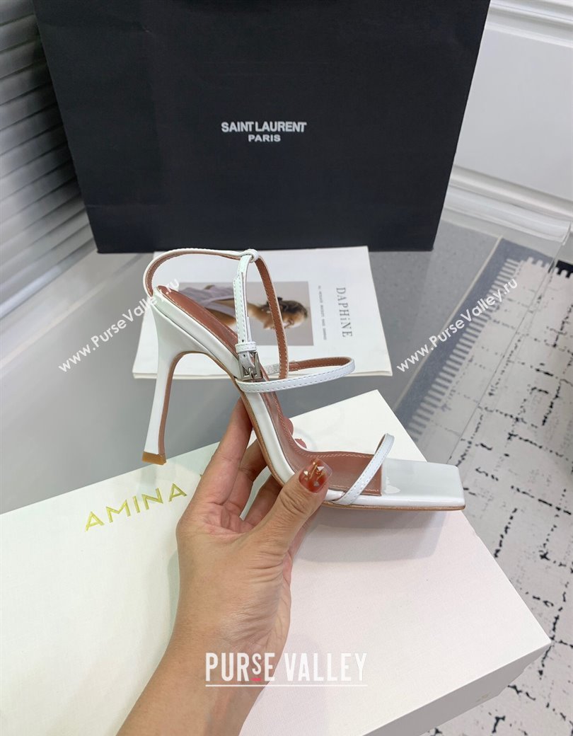 Amina Muaddi Maya Strap Heel Sandals 10cm in Patent Leather White 2024 1223 (KER-241223072)