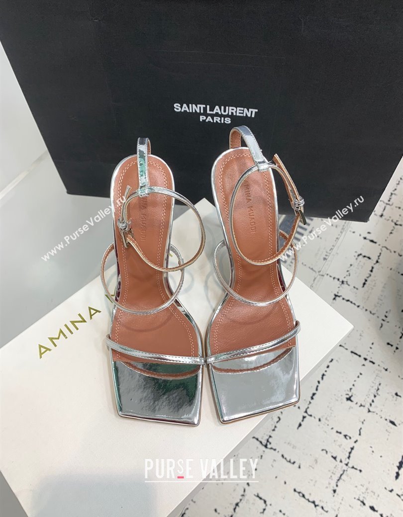 Amina Muaddi Maya Strap Heel Sandals 10cm in Patent Leather Silver 2024 1223 (KER-241223073)