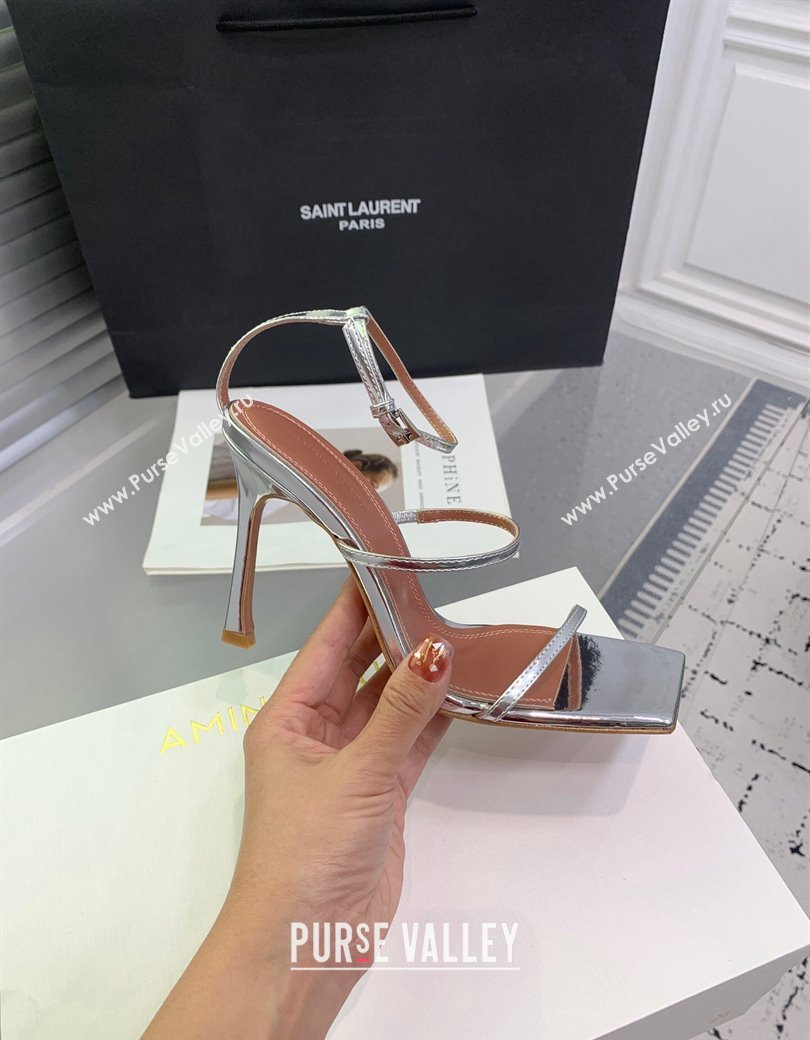 Amina Muaddi Maya Strap Heel Sandals 10cm in Patent Leather Silver 2024 1223 (KER-241223073)