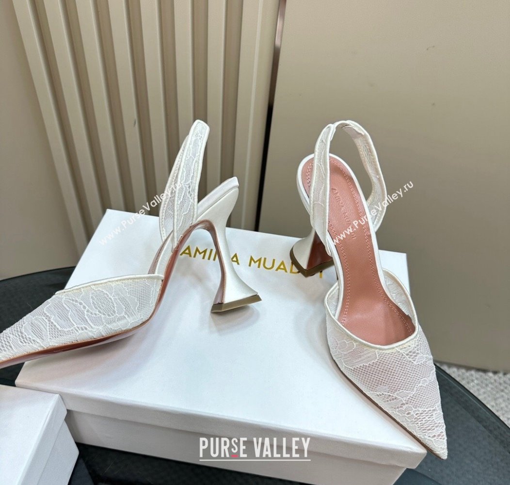 Amina Muaddi Holli Slingback Pumps 9.8cm in Lace White 2024 1223 (MD-241223069)