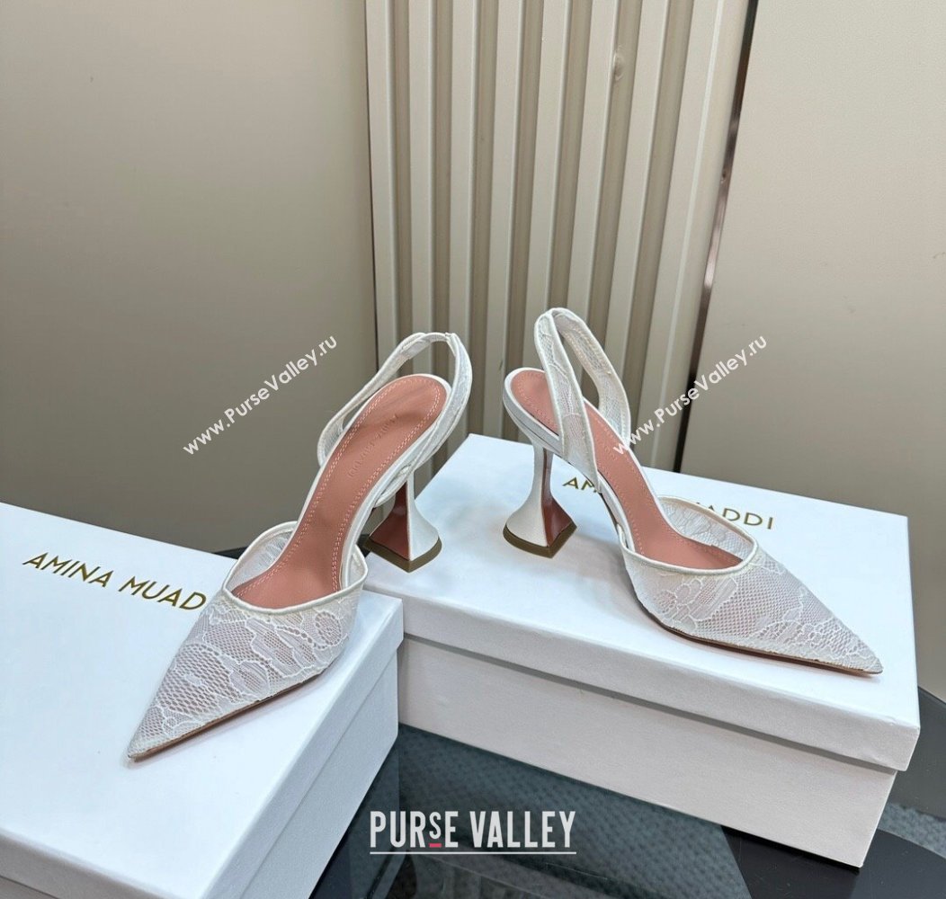 Amina Muaddi Holli Slingback Pumps 9.8cm in Lace White 2024 1223 (MD-241223069)