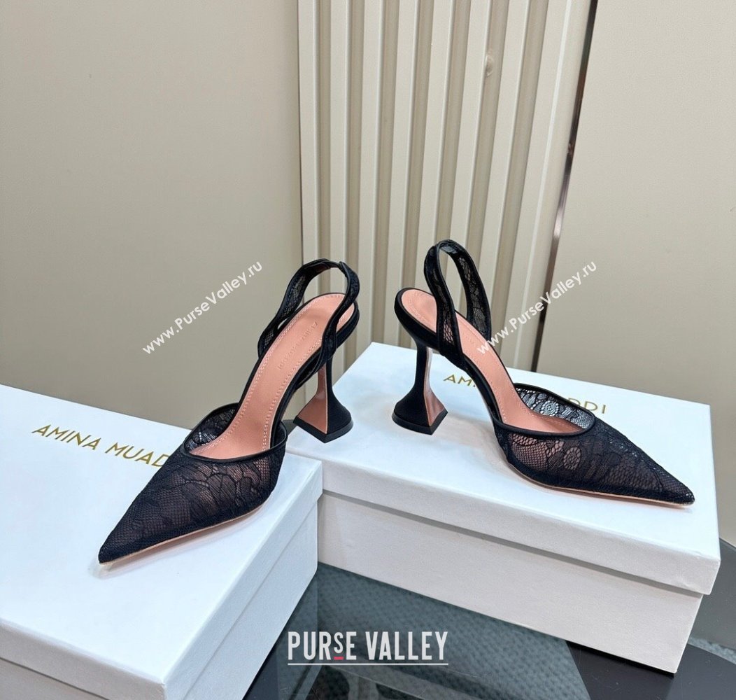 Amina Muaddi Holli Slingback Pumps 9.8cm in Lace Black 2024 1223 (MD-241223070)