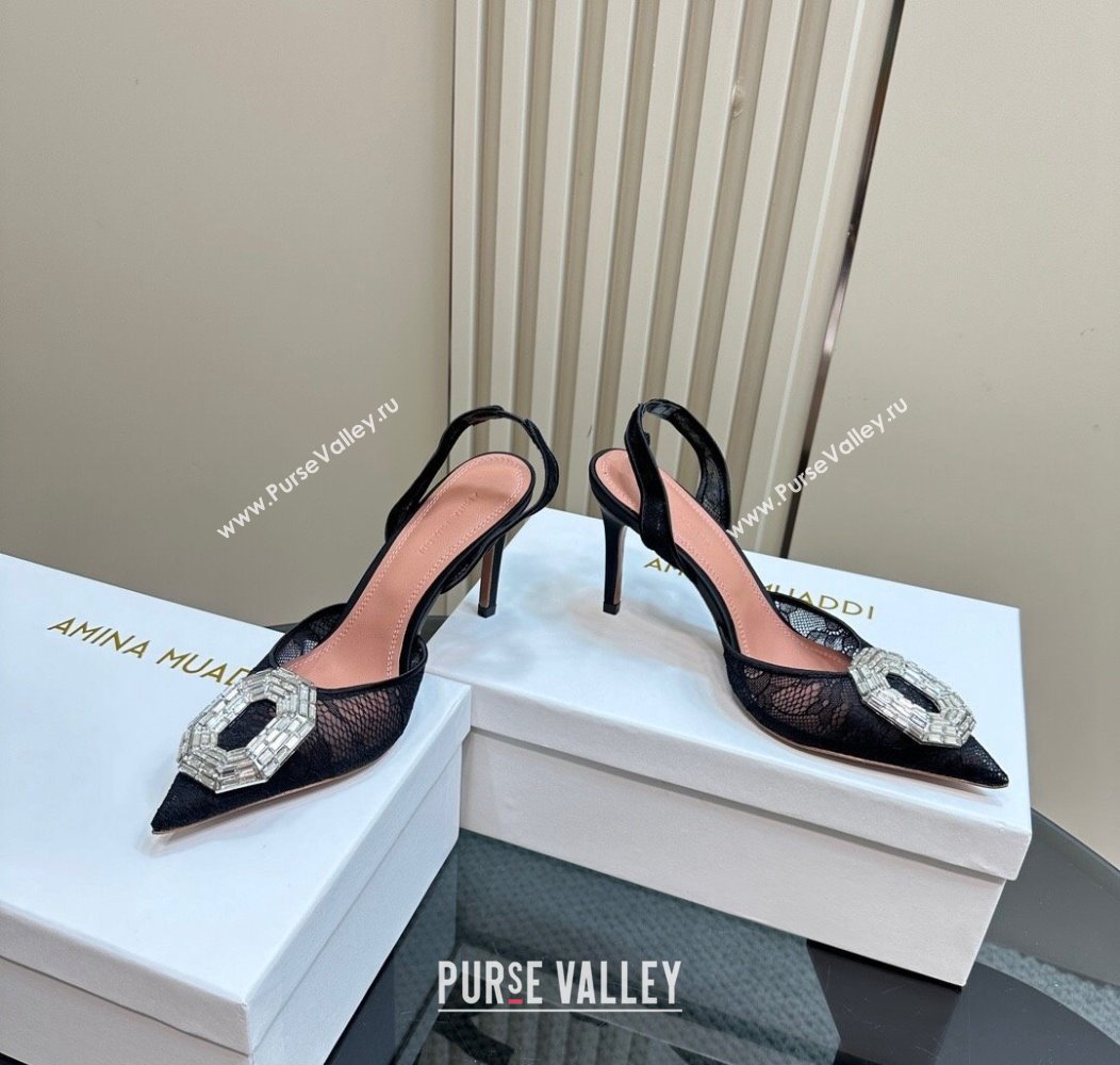 Amina Muaddi Camelia Slingback Pumps 9.8cm in Lace with Rectangular Strass Black 2024 1223 (MD-241223067)