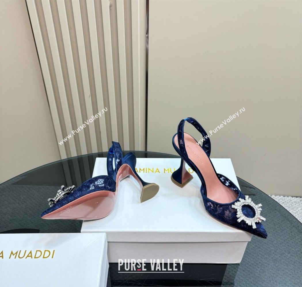 Amina Muaddi Begum Embellished Slingback Pumps 9.8 cm in Lace and Strass Buckle Dark Blue 2025 0219 (MD-250219033)