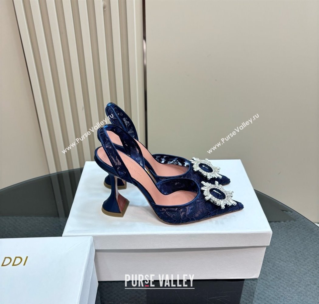 Amina Muaddi Begum Embellished Slingback Pumps 9.8 cm in Lace and Strass Buckle Dark Blue 2025 0219 (MD-250219033)