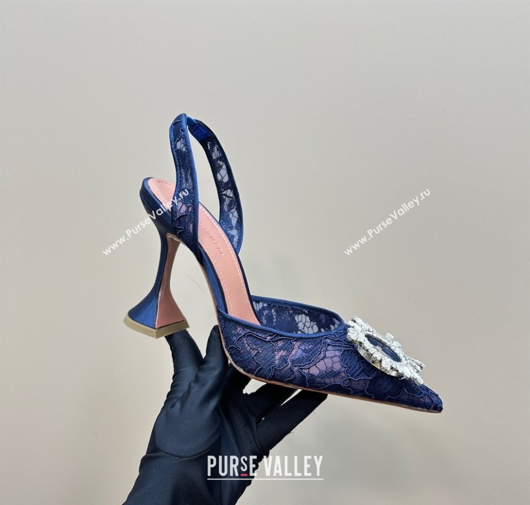 Amina Muaddi Begum Embellished Slingback Pumps 9.8 cm in Lace and Strass Buckle Dark Blue 2025 0219 (MD-250219033)