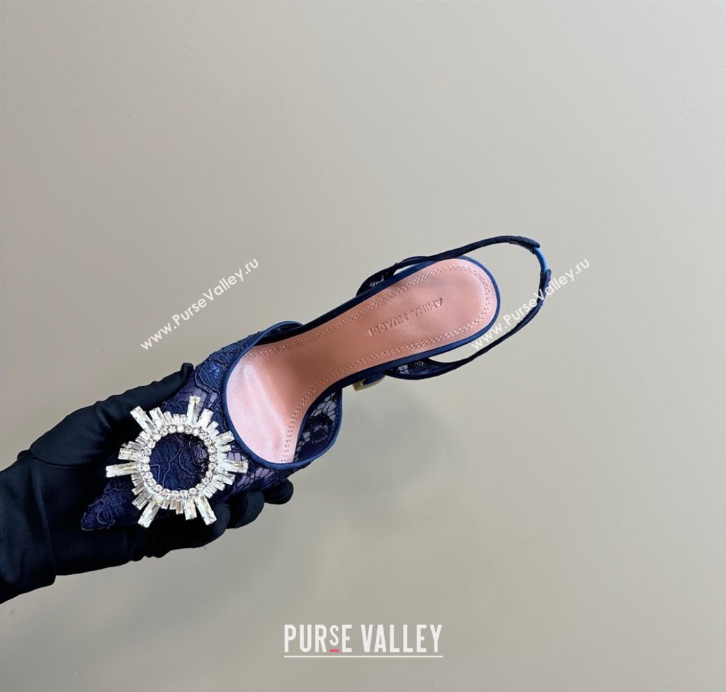 Amina Muaddi Begum Embellished Slingback Pumps 9.8 cm in Lace and Strass Buckle Dark Blue 2025 0219 (MD-250219033)