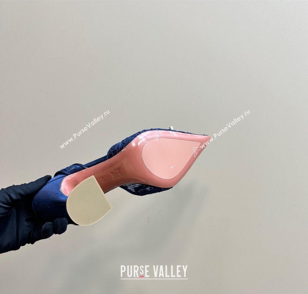 Amina Muaddi Begum Embellished Slingback Pumps 9.8 cm in Lace and Strass Buckle Dark Blue 2025 0219 (MD-250219033)