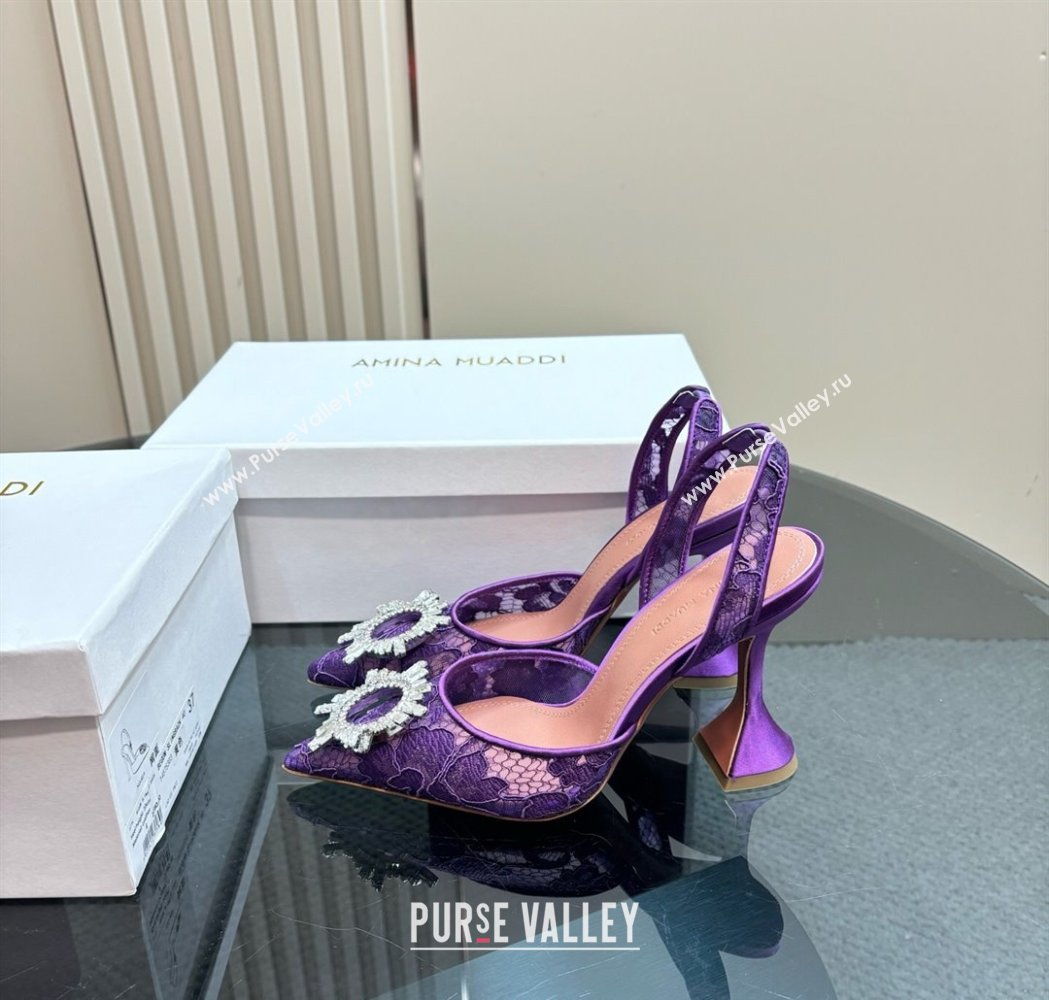 Amina Muaddi Begum Embellished Slingback Pumps 9.8 cm in Lace and Strass Buckle Purple 2025 0219 (MD-250219034)