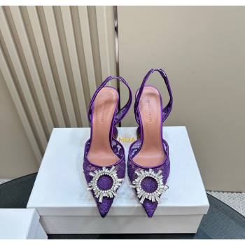 Amina Muaddi Begum Embellished Slingback Pumps 9.8 cm in Lace and Strass Buckle Purple 2025 0219 (MD-250219034)