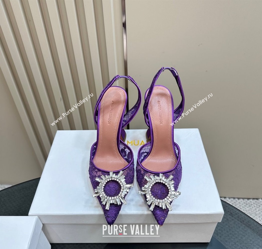 Amina Muaddi Begum Embellished Slingback Pumps 9.8 cm in Lace and Strass Buckle Purple 2025 0219 (MD-250219034)