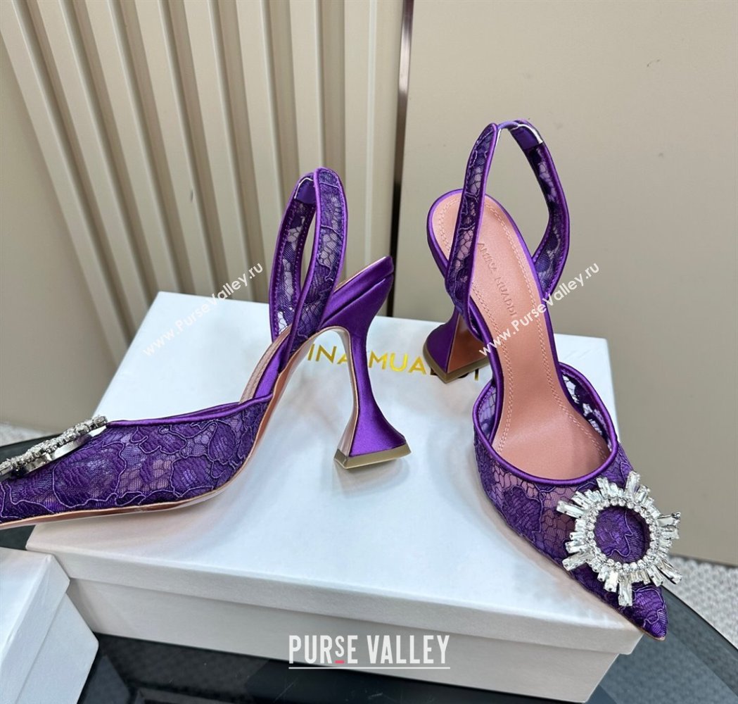 Amina Muaddi Begum Embellished Slingback Pumps 9.8 cm in Lace and Strass Buckle Purple 2025 0219 (MD-250219034)