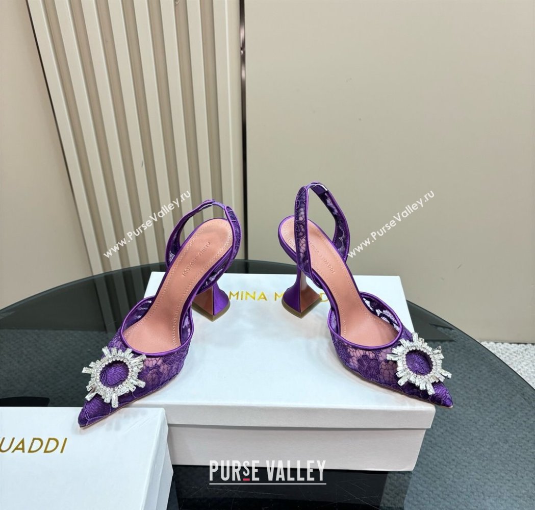 Amina Muaddi Begum Embellished Slingback Pumps 9.8 cm in Lace and Strass Buckle Purple 2025 0219 (MD-250219034)