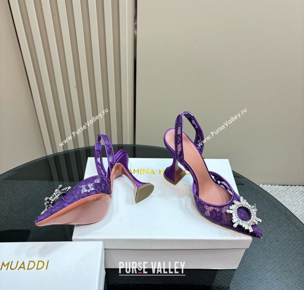 Amina Muaddi Begum Embellished Slingback Pumps 9.8 cm in Lace and Strass Buckle Purple 2025 0219 (MD-250219034)