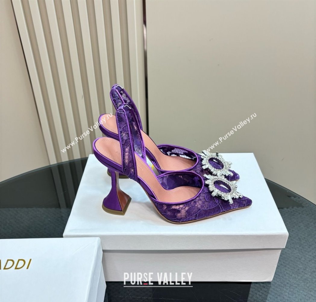 Amina Muaddi Begum Embellished Slingback Pumps 9.8 cm in Lace and Strass Buckle Purple 2025 0219 (MD-250219034)