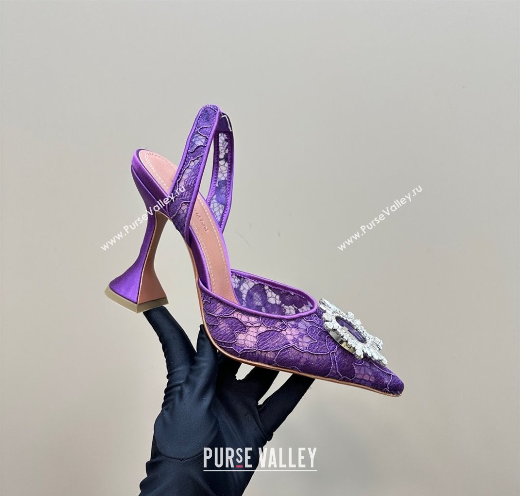 Amina Muaddi Begum Embellished Slingback Pumps 9.8 cm in Lace and Strass Buckle Purple 2025 0219 (MD-250219034)