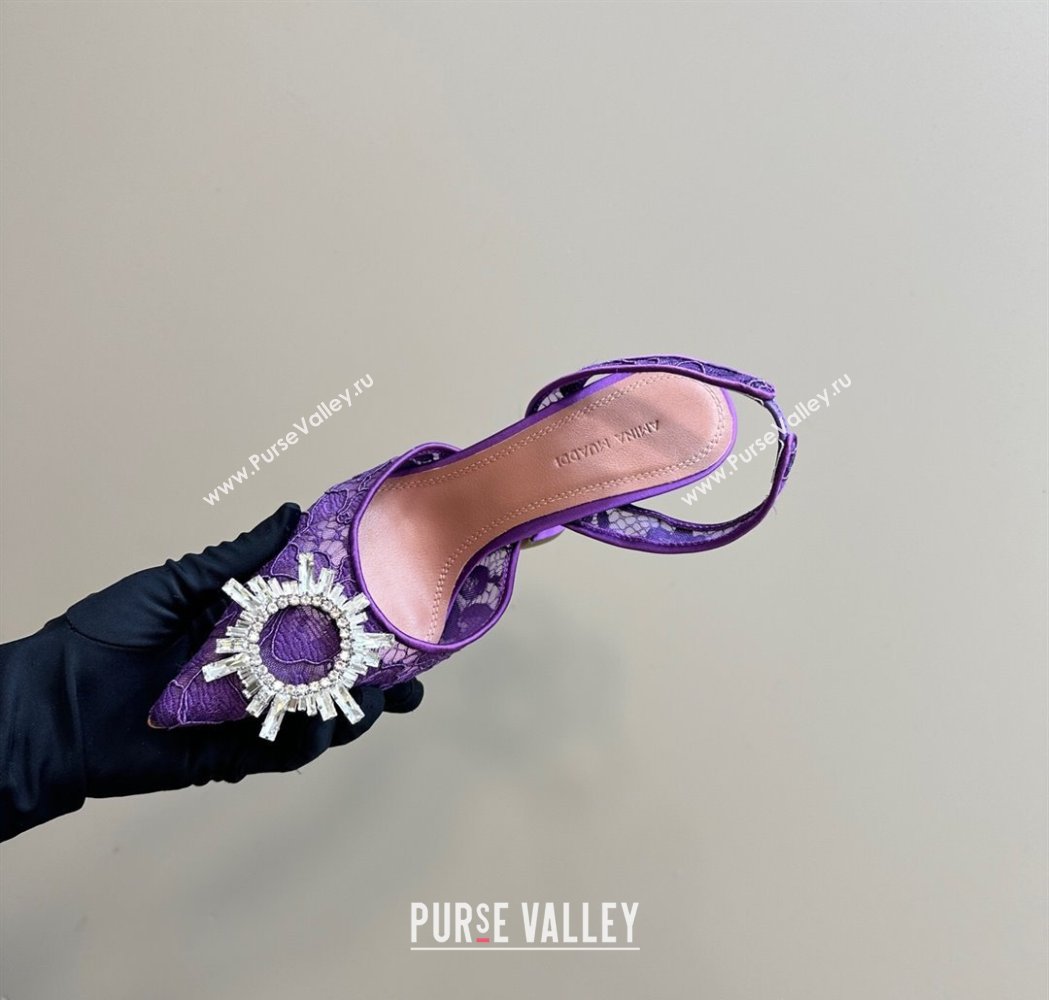 Amina Muaddi Begum Embellished Slingback Pumps 9.8 cm in Lace and Strass Buckle Purple 2025 0219 (MD-250219034)