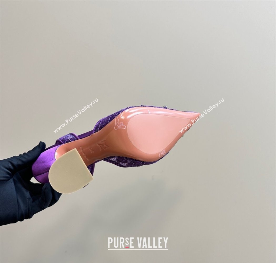 Amina Muaddi Begum Embellished Slingback Pumps 9.8 cm in Lace and Strass Buckle Purple 2025 0219 (MD-250219034)