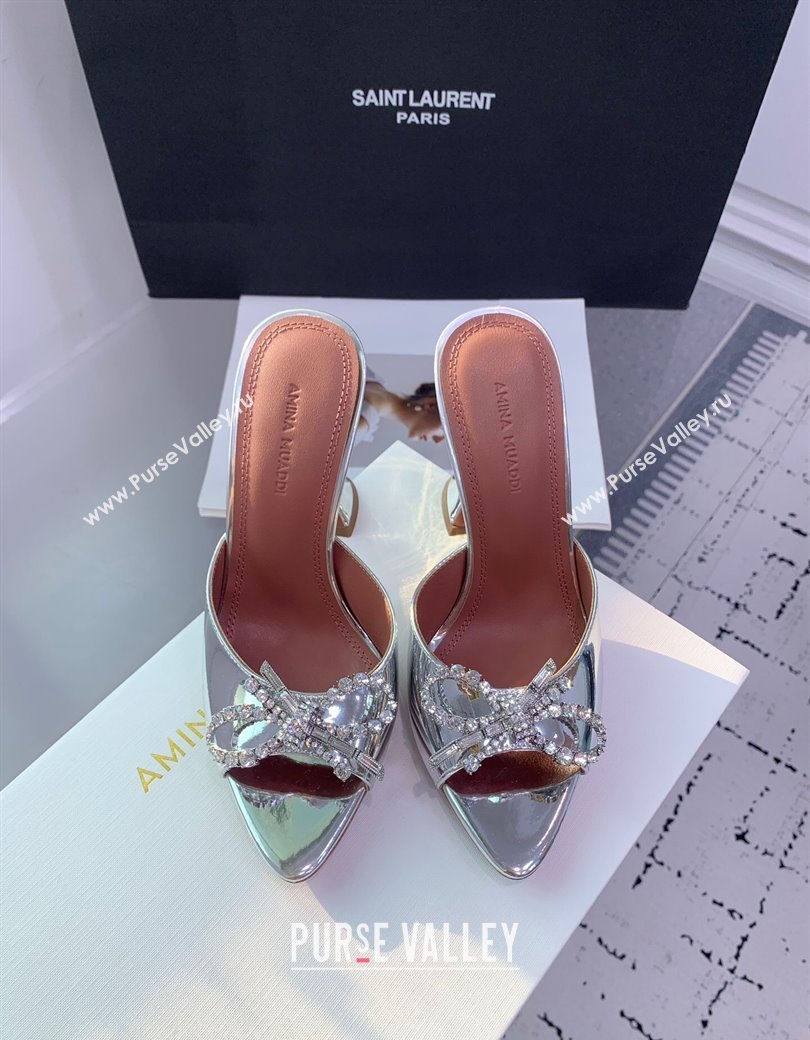 Amina Muaddi Rosie Strass-Embellished Bow Slides Sandal 9.5cm in Metallic Calfskin Silver 2025 0219 (KER-250219041)