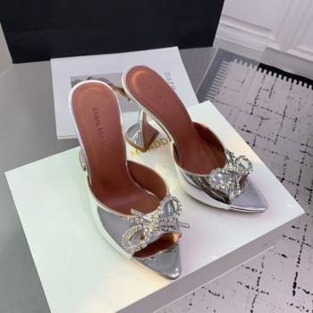 Amina Muaddi Rosie Strass-Embellished Bow Slides Sandal 9.5cm in Metallic Calfskin Silver 2025 0219 (KER-250219041)