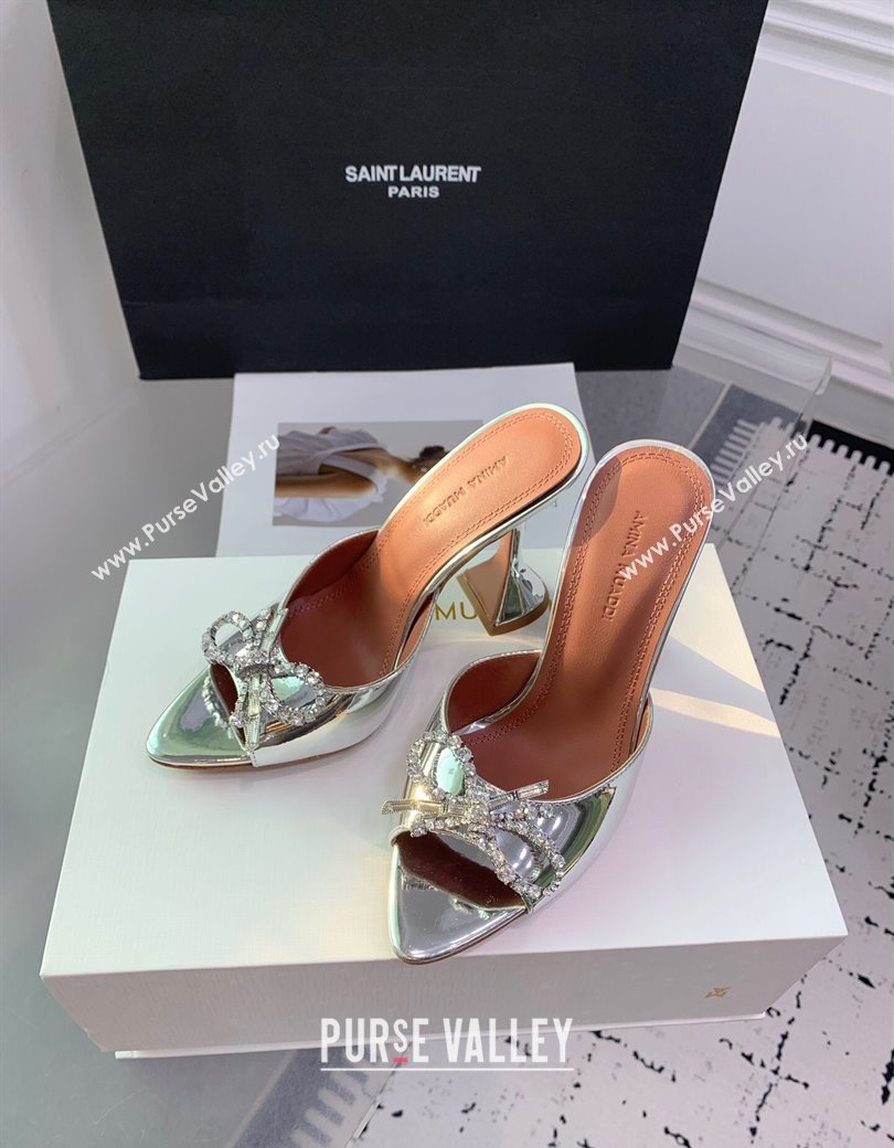 Amina Muaddi Rosie Strass-Embellished Bow Slides Sandal 9.5cm in Metallic Calfskin Silver 2025 0219 (KER-250219041)