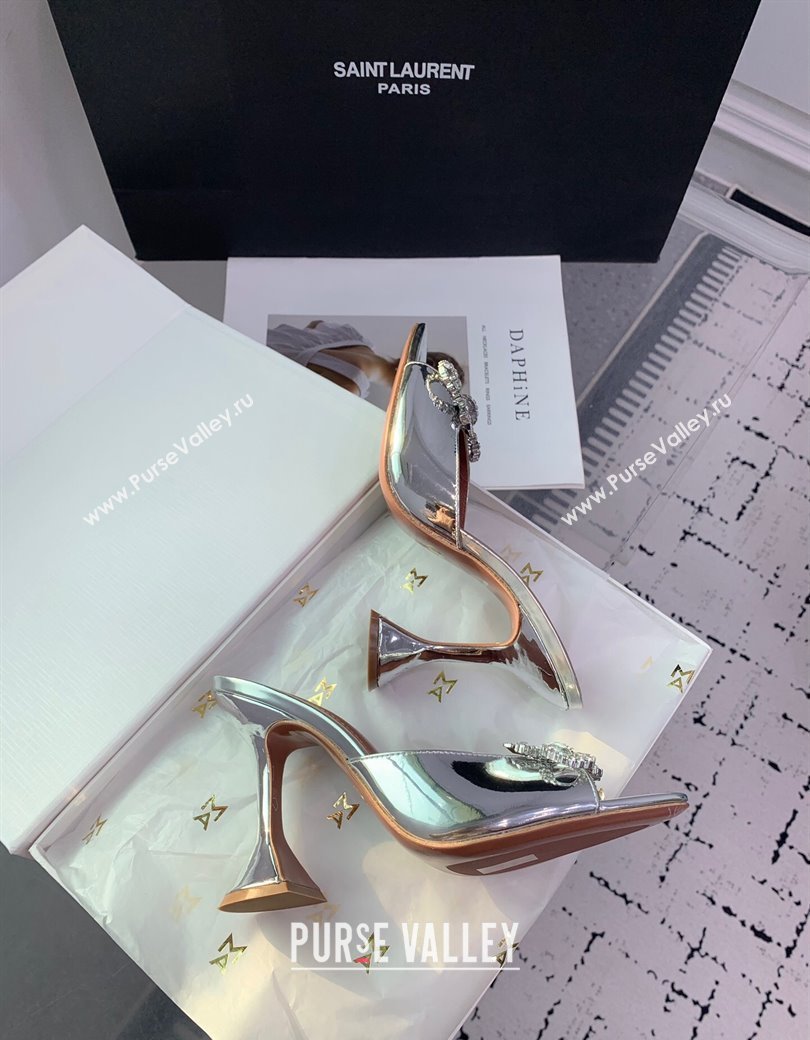 Amina Muaddi Rosie Strass-Embellished Bow Slides Sandal 9.5cm in Metallic Calfskin Silver 2025 0219 (KER-250219041)