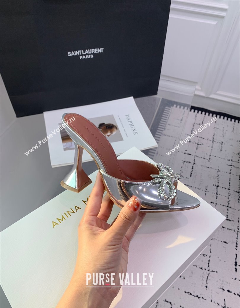 Amina Muaddi Rosie Strass-Embellished Bow Slides Sandal 9.5cm in Metallic Calfskin Silver 2025 0219 (KER-250219041)
