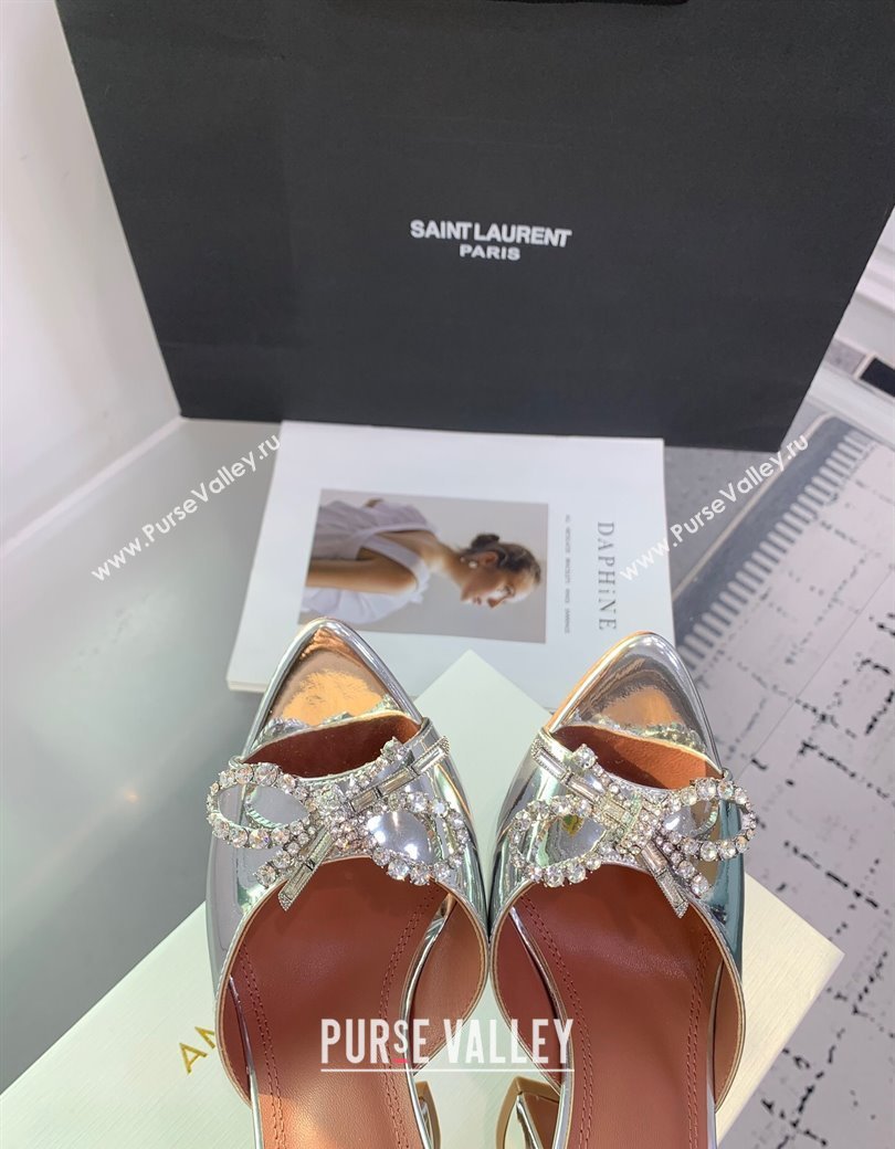 Amina Muaddi Rosie Strass-Embellished Bow Slides Sandal 9.5cm in Metallic Calfskin Silver 2025 0219 (KER-250219041)