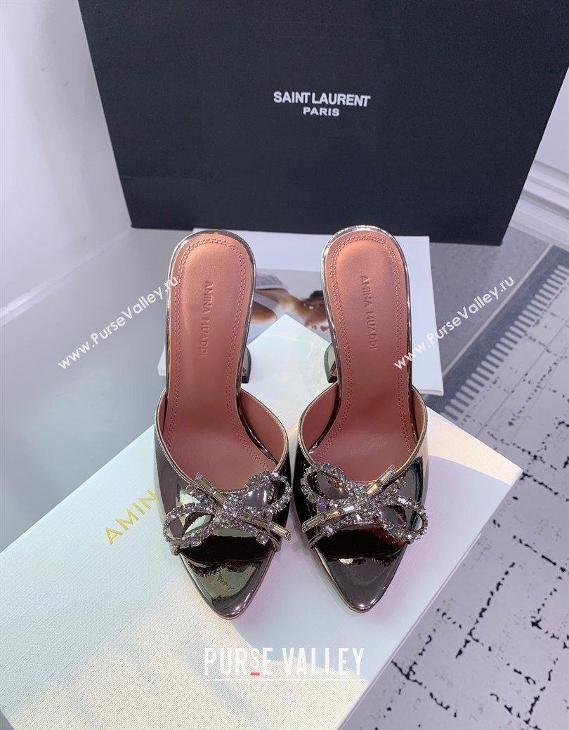 Amina Muaddi Rosie Strass-Embellished Bow Slides Sandal 9.5cm in Metallic Calfskin Brass 2025 0219 (KER-250219043)