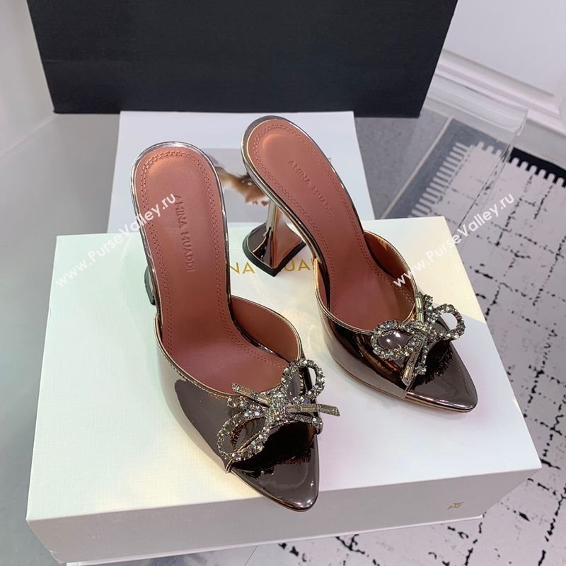 Amina Muaddi Rosie Strass-Embellished Bow Slides Sandal 9.5cm in Metallic Calfskin Brass 2025 0219 (KER-250219043)