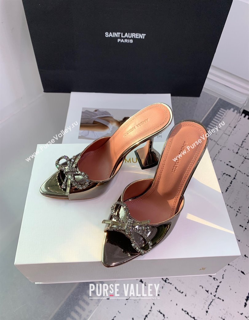 Amina Muaddi Rosie Strass-Embellished Bow Slides Sandal 9.5cm in Metallic Calfskin Brass 2025 0219 (KER-250219043)
