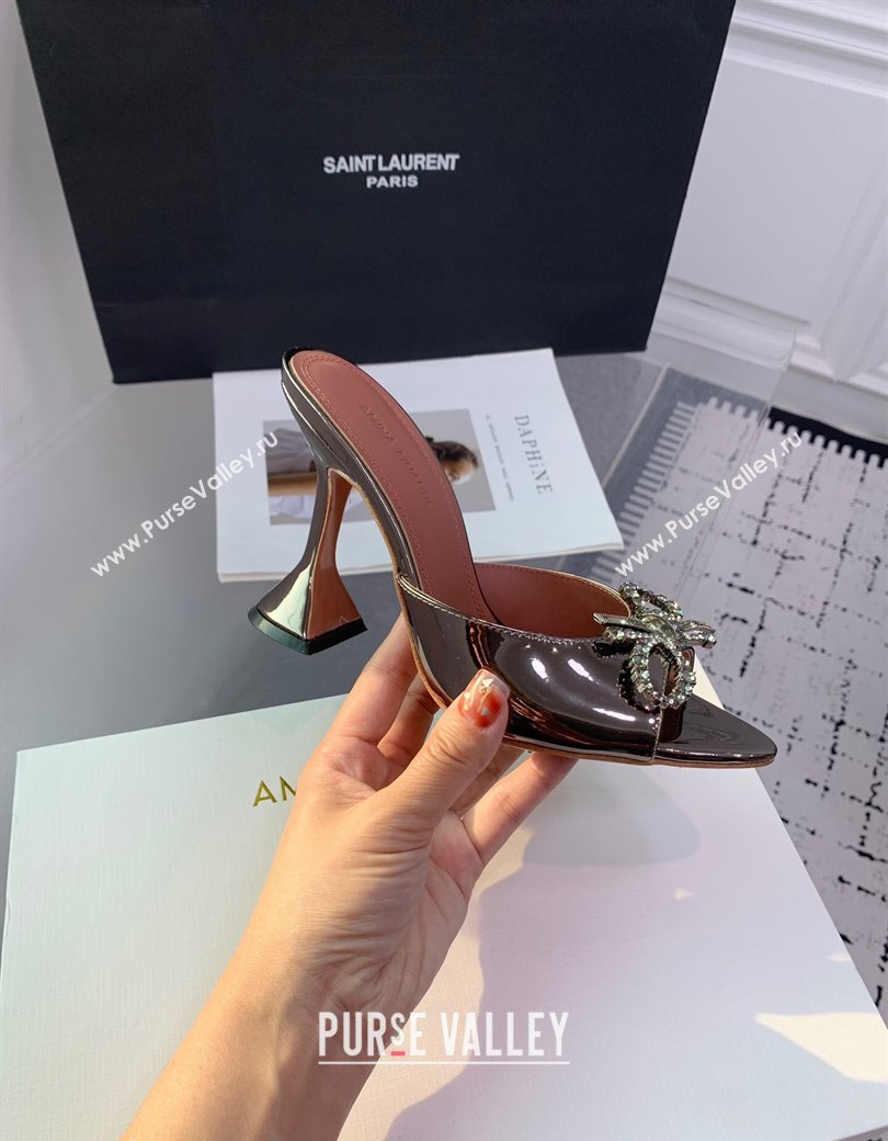 Amina Muaddi Rosie Strass-Embellished Bow Slides Sandal 9.5cm in Metallic Calfskin Brass 2025 0219 (KER-250219043)