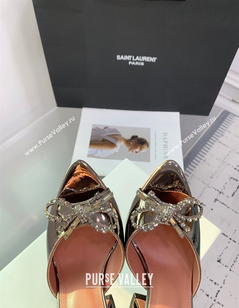 Amina Muaddi Rosie Strass-Embellished Bow Slides Sandal 9.5cm in Metallic Calfskin Brass 2025 0219 (KER-250219043)