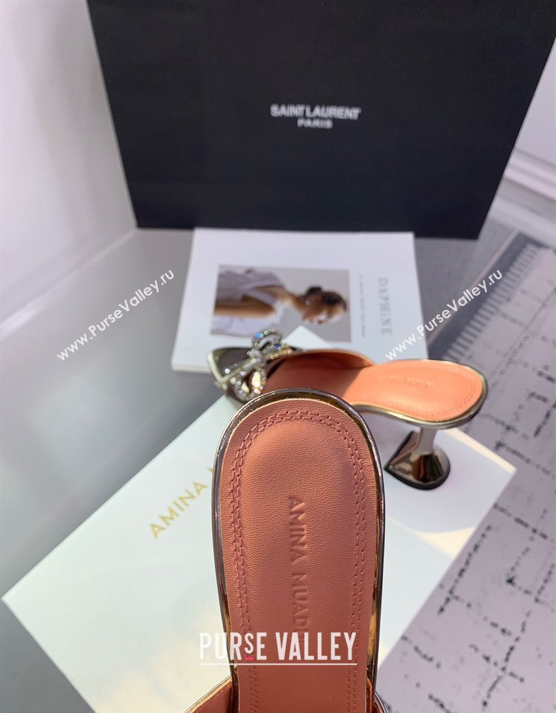 Amina Muaddi Rosie Strass-Embellished Bow Slides Sandal 9.5cm in Metallic Calfskin Brass 2025 0219 (KER-250219043)