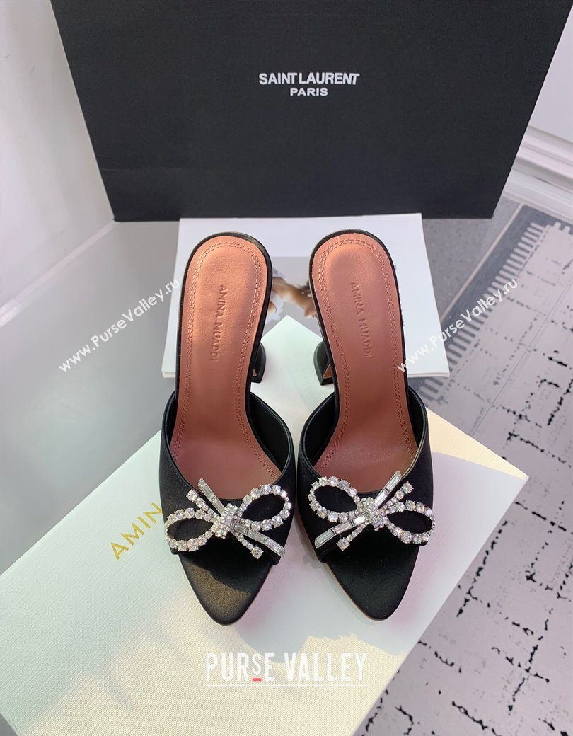 Amina Muaddi Rosie Strass-Embellished Bow Slides Sandal 9.5cm in Satin Black 2025 0219 (KER-250219042)