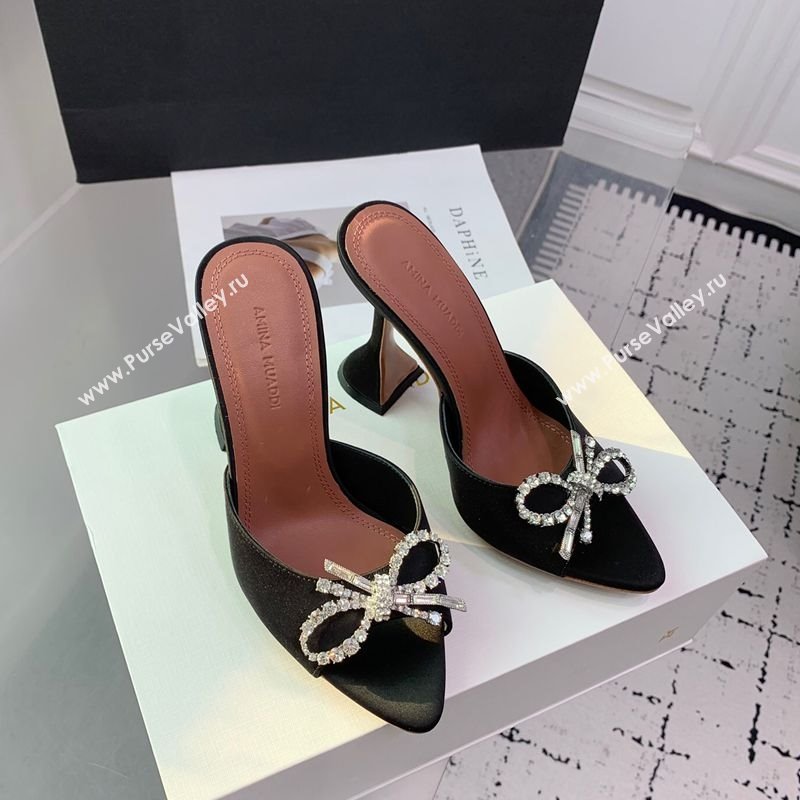 Amina Muaddi Rosie Strass-Embellished Bow Slides Sandal 9.5cm in Satin Black 2025 0219 (KER-250219042)