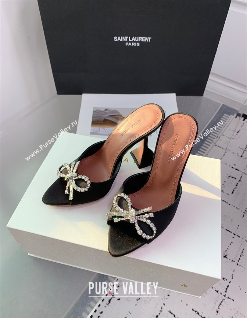 Amina Muaddi Rosie Strass-Embellished Bow Slides Sandal 9.5cm in Satin Black 2025 0219 (KER-250219042)