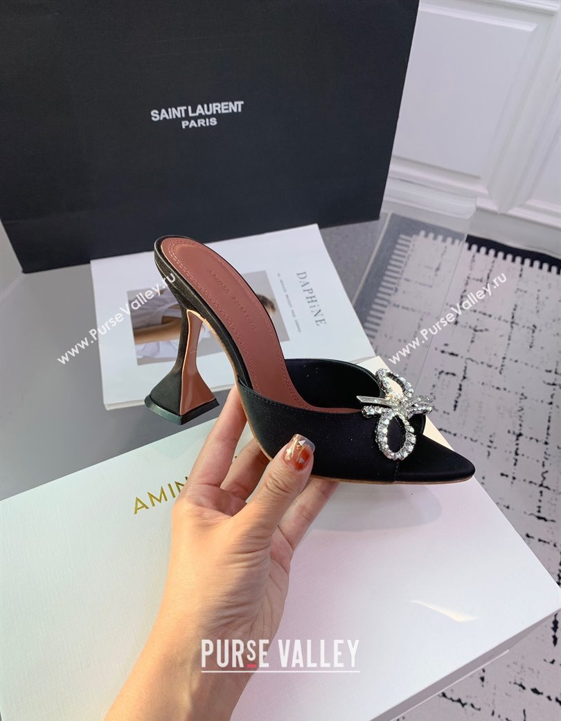 Amina Muaddi Rosie Strass-Embellished Bow Slides Sandal 9.5cm in Satin Black 2025 0219 (KER-250219042)