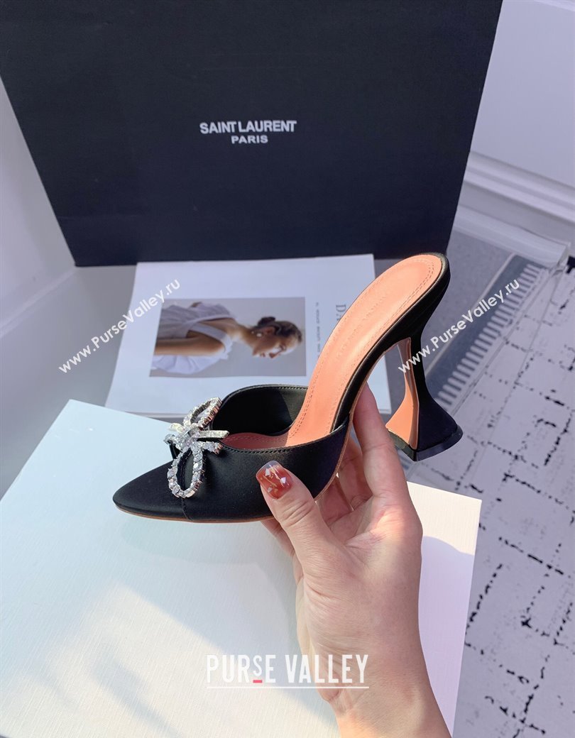 Amina Muaddi Rosie Strass-Embellished Bow Slides Sandal 9.5cm in Satin Black 2025 0219 (KER-250219042)