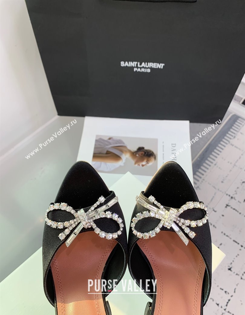 Amina Muaddi Rosie Strass-Embellished Bow Slides Sandal 9.5cm in Satin Black 2025 0219 (KER-250219042)