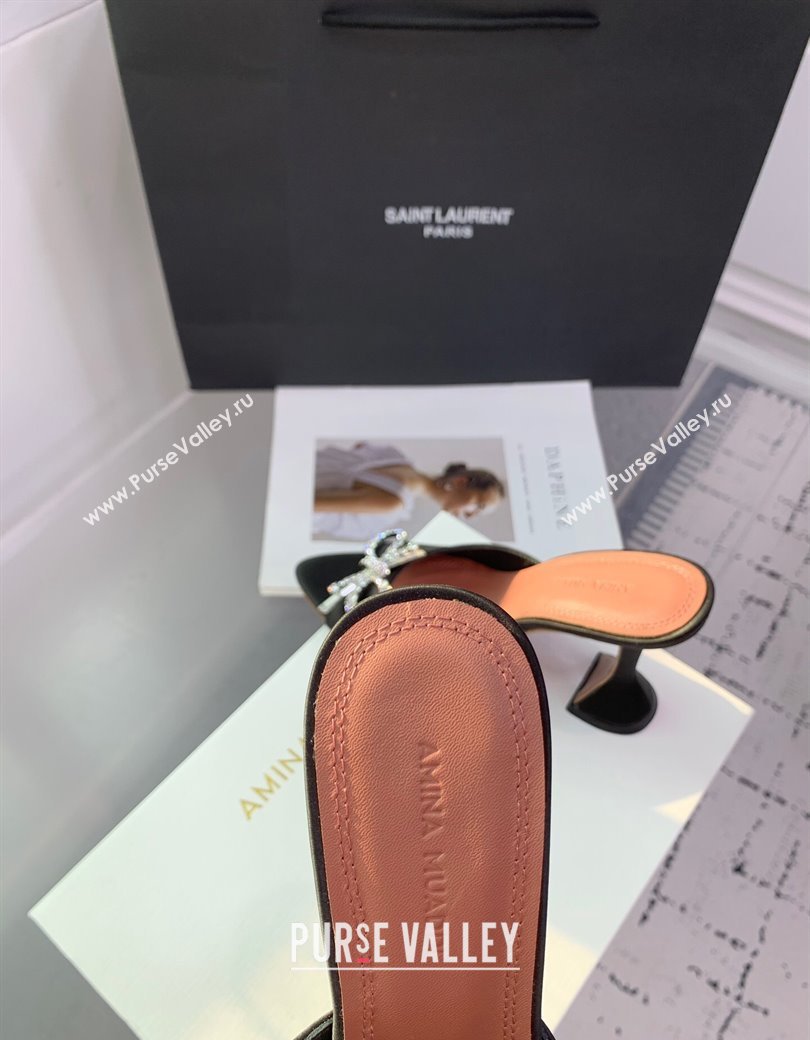 Amina Muaddi Rosie Strass-Embellished Bow Slides Sandal 9.5cm in Satin Black 2025 0219 (KER-250219042)