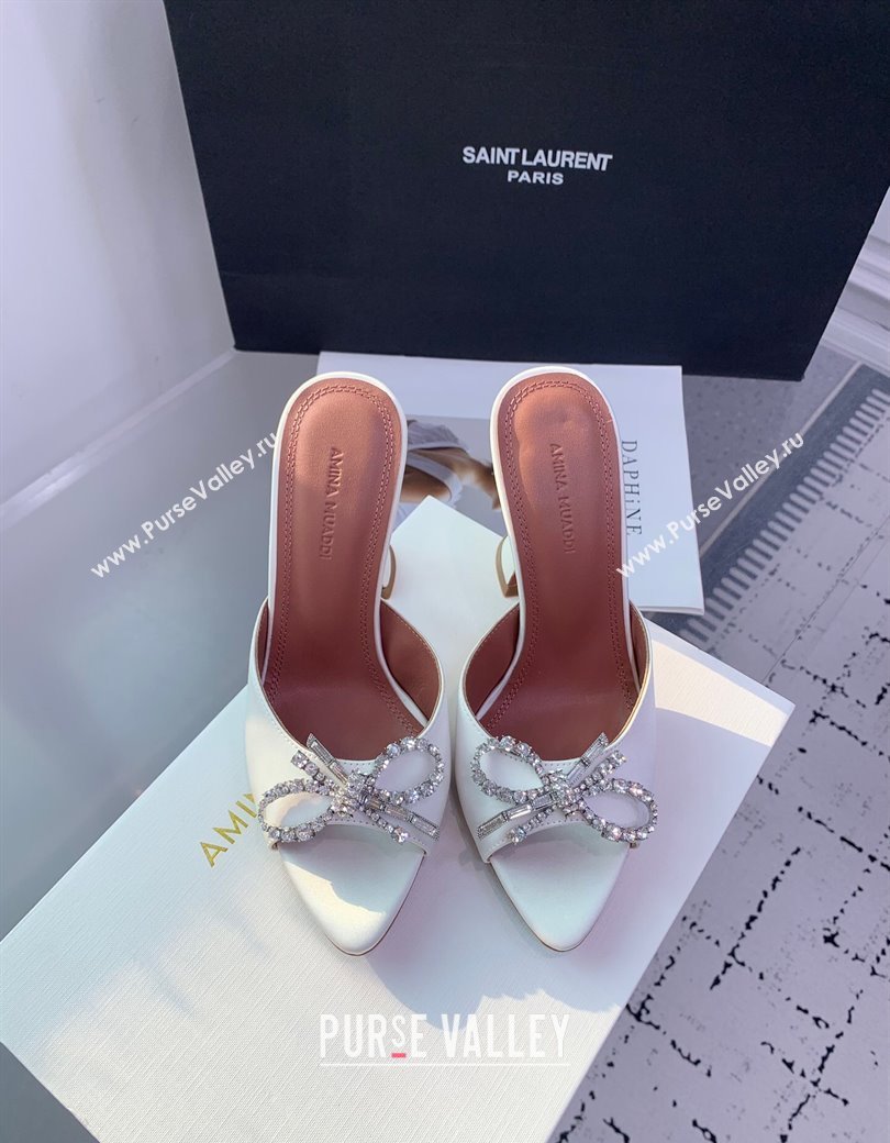 Amina Muaddi Rosie Strass-Embellished Bow Slides Sandal 9.5cm in Satin White 2025 0219 (KER-250219044)