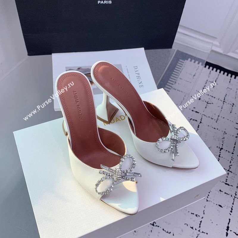Amina Muaddi Rosie Strass-Embellished Bow Slides Sandal 9.5cm in Satin White 2025 0219 (KER-250219044)