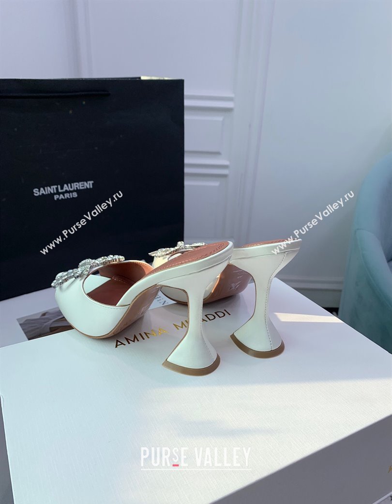 Amina Muaddi Rosie Strass-Embellished Bow Slides Sandal 9.5cm in Satin White 2025 0219 (KER-250219044)