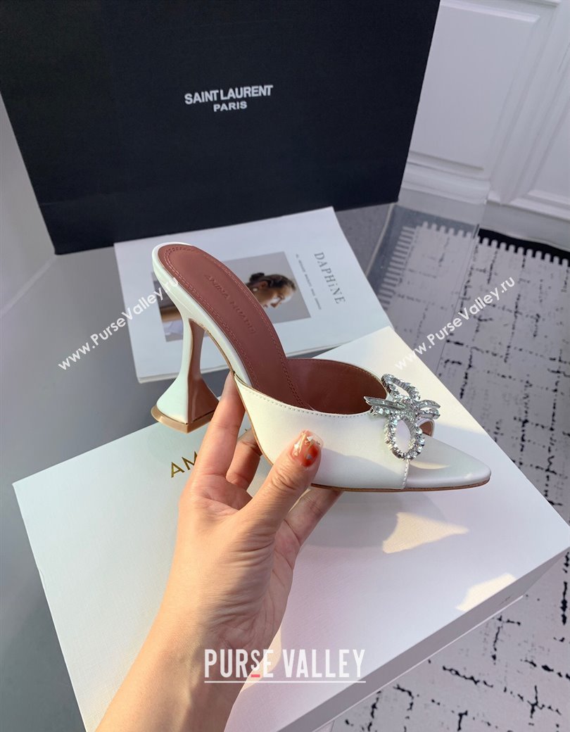Amina Muaddi Rosie Strass-Embellished Bow Slides Sandal 9.5cm in Satin White 2025 0219 (KER-250219044)