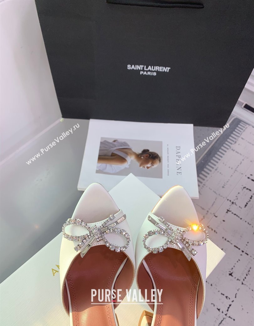 Amina Muaddi Rosie Strass-Embellished Bow Slides Sandal 9.5cm in Satin White 2025 0219 (KER-250219044)