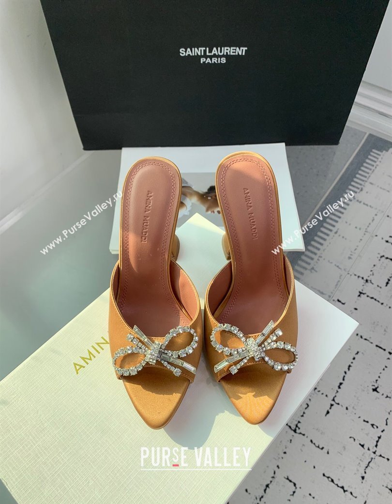 Amina Muaddi Rosie Strass-Embellished Bow Slides Sandal 9.5cm in Satin Apricot 2025 0219 (KER-250219049)