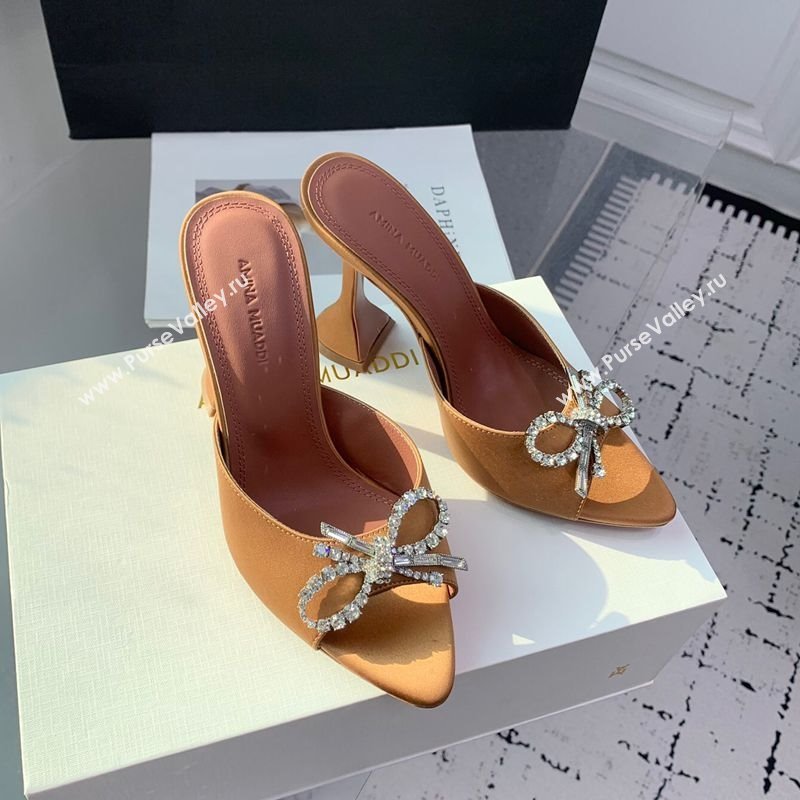 Amina Muaddi Rosie Strass-Embellished Bow Slides Sandal 9.5cm in Satin Apricot 2025 0219 (KER-250219049)